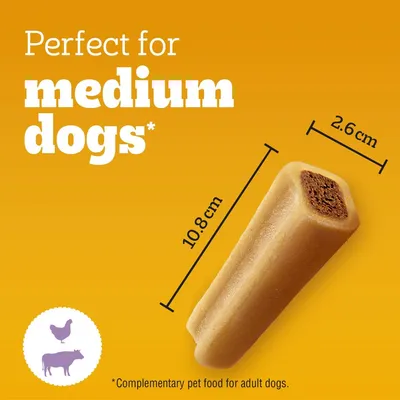Chew snack, suitable for medium-sized dogs, dimensions: 10.8 cm long and 2.6 cm wide. Symbols for chicken and beef. Note: Complementary feed for adult dogs.