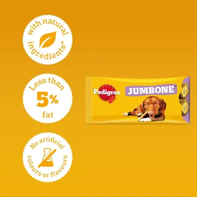 Pedigree Jumbone, with natural ingredients, less than 5% fat, no artificial colours or flavours.