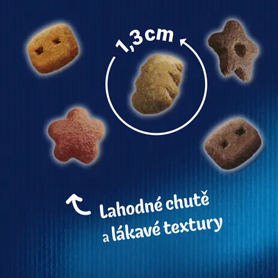 Rôzne tvary granúl, zvýraznená veľkosť 1,3 cm. Text: Lahodné chute a lákavé textury.