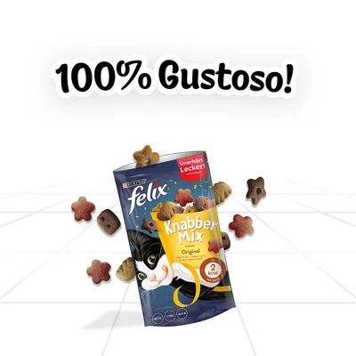Felix Knabber Mix Original Purina, snack per gatti. Testo visibile: 100% Gustoso!, Unerhört Lecker!, 2 kcal. Croccantini a forma di fiore e cubo.