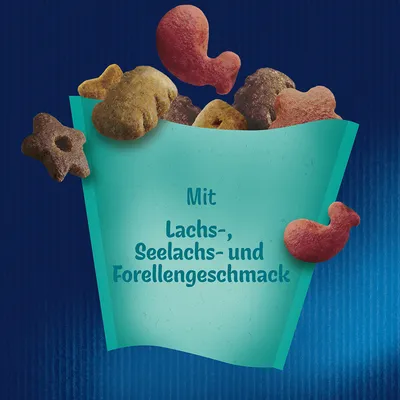 Mit Lachs-, Seelachs- und Forellengeschmack. Verschiedene Formen und Farben von Trockenfutterstücken sichtbar.