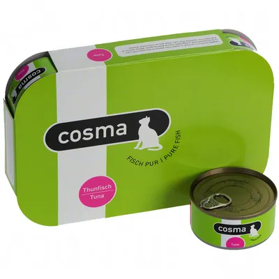Balení a konzerva Cosma Thunfisch Tuna, zelené balení s nápisy „cosma“, „FISCH PUR | PURE FISH“ a „Thunfisch Tuna“ na růžovém poli.