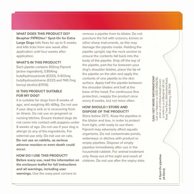 Product information for Beaphar FIPROtec Spot-On for extra large dogs, including usage instructions, ingredients, suitability, storage, disposal advice and warnings.