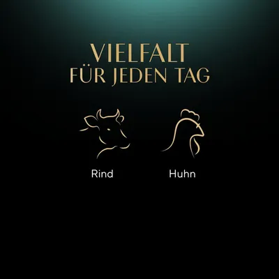 Vielfalt für jeden Tag. Rind und Huhn als verfügbare Zutatenoptionen.