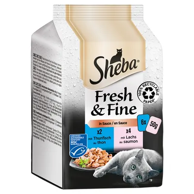 Sheba Fresh & Fine i sås, 6x50g. 2x tonfisk, 4x lax. 100% återvinningsbart papper. MSC-certifierad för hållbart fiske.