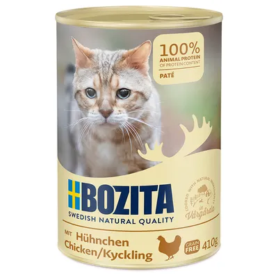 Konzerva BOZITA Swedish Natural Quality mit Huhn, 100% animal protein of protein content, paté, grain free, 410 g. Vyobrazená kočka na obalu.