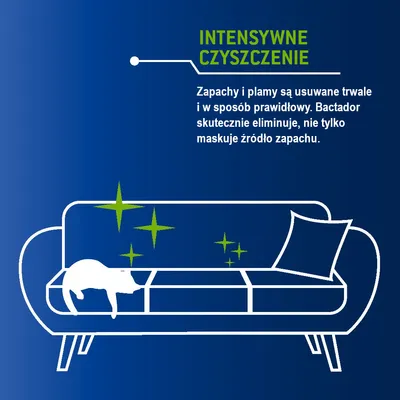 INTENSYWNE CZYSZCZENIE. Zapachy i plamy są usuwane trwale i w sposób prawidłowy. Bactador skutecznie eliminuje, nie tylko maskuje źródło zapachu.