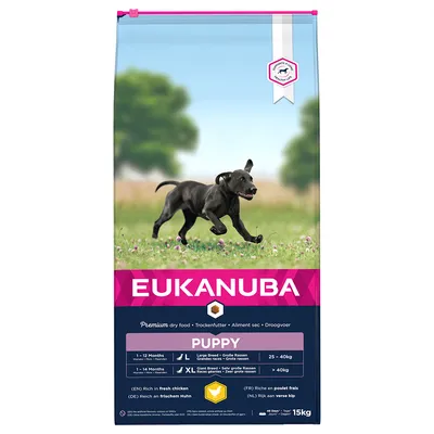 Опаковка Eukanuba Puppy за големи и много големи породи, 15 кг. Видими текстове: Premium dry food, PUPPY, Large Breed 25–40 кг, XL Giant Breed над 40 кг, Rich in fresh chicken.