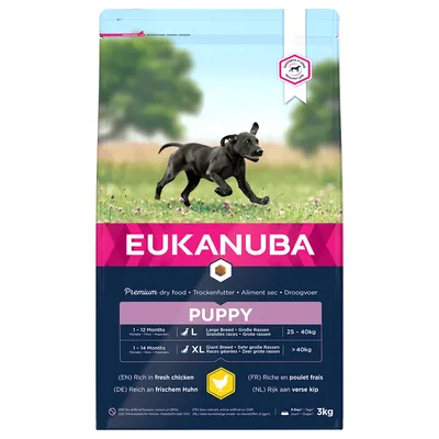 Опаковка Eukanuba Puppy за големи и много големи породи, 3 кг. За кученца L 1–12 месеца 25–40 кг, XL 1–14 месеца над 40 кг. Съдържа прясно пиле. Видима марка и информация на английски.
