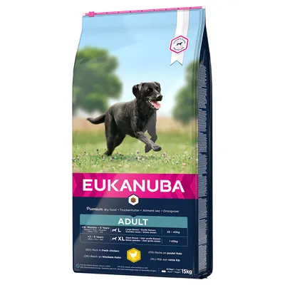Sac de croquettes Eukanuba Adult pour chiens, 15 kg, races grandes 25–40 kg et très grandes >40 kg, riche en poulet frais. Texte visible en anglais, allemand, français et néerlandais.