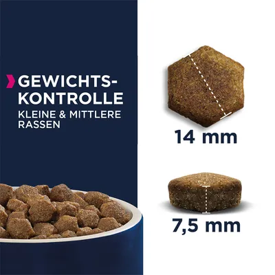Kontrola težine za male i srednje pasmine. Veličina kroketa: promjer 14 mm, visina 7,5 mm.