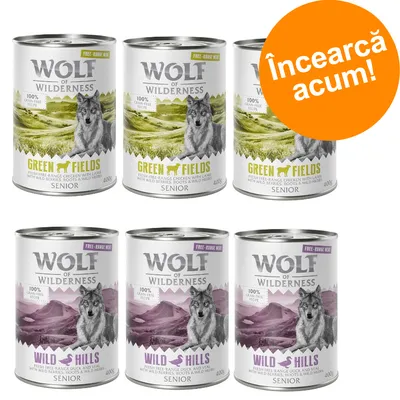 Wolf of Wilderness Senior conserve 400g: 3 Green Fields, 3 Wild Hills. Text vizibil: 100% grain-free recipe, Free-range meat, Încercă acum! Wolf of Wilderness Senior conserve 400g: 3 Green Fields, 3 Wild Hills. Text vizibil: 100% grain-free recipe, Free-range meat, Încercă acum!