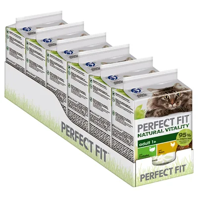 Perfect Fit Natural Vitality adult 1+, met kalkoen en kip, 95% eiwitten uit dierlijke bronnen. Verpakking toont kat en groene accenten.