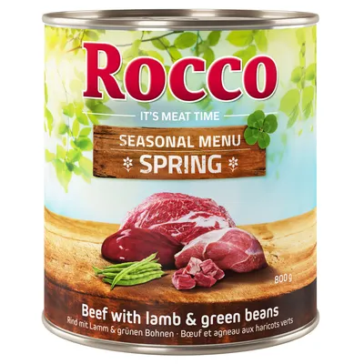 Rocco Seasonal Menu Spring, 800 g, bœuf et agneau aux haricots verts. Texte visible : Beef with lamb & green beans. It's meat time.