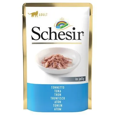 Schesir Adult kattenvoer in jelly, tonijn. Afbeelding van een kom met tonijnstukjes. Tekst: Tonnetto, Tuna, Thon, Thunfisch, Atun, Tonijn, Atum.