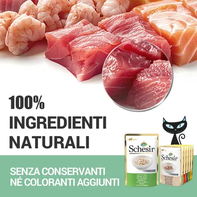 100% ingredienti naturali. Senza conservanti né coloranti aggiunti. Schesir. Immagine di filetti di pesce e confezioni di alimento per animali Schesir.