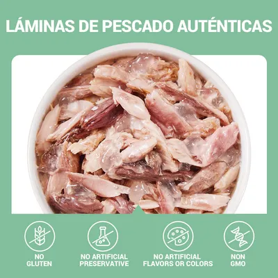 Láminas de pescado auténticas en bol. Iconos y texto en inglés: no gluten, no artificial preservative, no artificial flavors or colors, non GMO.