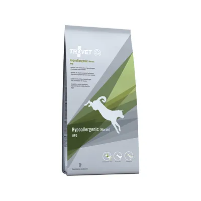 Sac TROVET Hypoallergenic (Horse) HPD pour chiens, mention Veterinary exclusive, pictogrammes sans gluten, sans bœuf, poisson non inclus. Texte en anglais visible sur l'emballage.