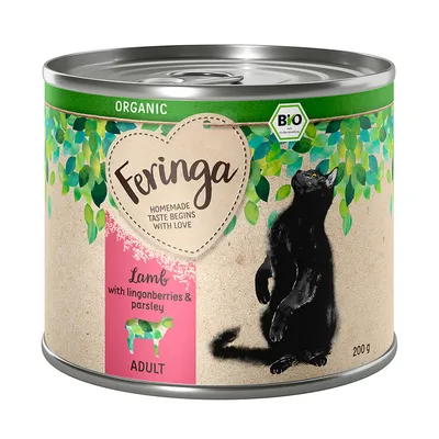 Feringa Organic BIO Lamb with lingonberries & parsley ADULT kissan märkäruoka, 200 g. Etiketissä musta kissa ja vihreitä lehtiä. Teksti: Homemade taste begins with love.