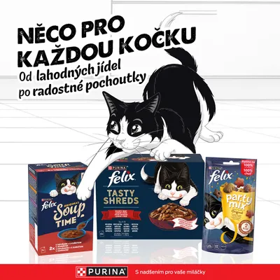 Tri produkty PURINA Felix pre mačky: Soup Time, Tasty Shreds a Party Mix. Reklamný slogan v češtine. Názov značky PURINA viditeľný dole. Tri produkty PURINA Felix pre mačky: Soup Time, Tasty Shreds a Party Mix. Reklamný slogan v češtine. Názov značky PURINA viditeľný dole.