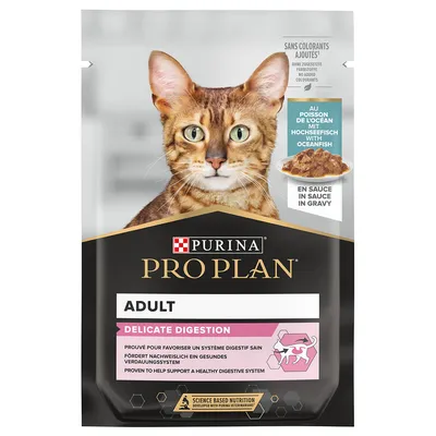 Purina Pro Plan Adult Delicate Digestion, au poisson de l’océan, en sauce. Sans colorants ajoutés. Sachet pour chat avec texte sur la digestion et système digestif sain.