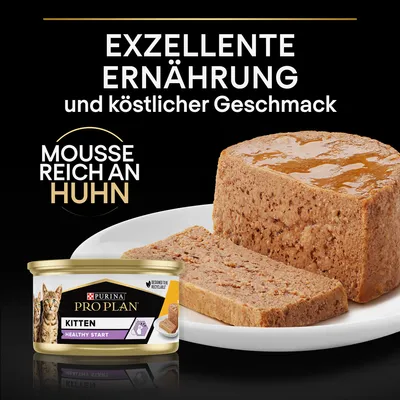 Purina Pro Plan Kitten Healthy Start Mousse reich an Huhn. Exzellente Ernährung und köstlicher Geschmack. Designed to be recyclable.