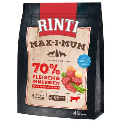 Rinti Max-i-mum 70 % Fleisch & Innereien, reich an frischem Rind, mit 30 % Gemüse, getreidefrei, 4 Kilogramm. Synlig tekst på tysk og billeder af kød og grøntsager på posen.