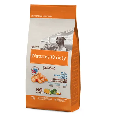 Nature's Variety Selected droogvoer voor honden, Mini (1-10 kg), hoofdingrediënt Noorse zalm, graanvrij, 7 kg verpakking.