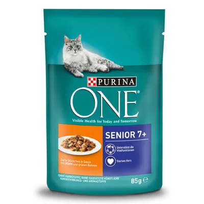 Purina ONE Senior 7+ храна за котки, 85 г. Видими парчета в сос с пиле и зелени фасулки. Поддържа жизнените функции, силно сърце. Без оцветители и изкуствени консерванти.