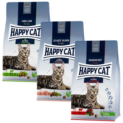Happy Cat száraz macskaeledel 1 éves kortól. Fajták: Weide Lamm, Atlantik Lachs, Voralpen Rind. Német gyártás, természetes összetevők, All-in-One koncepció.