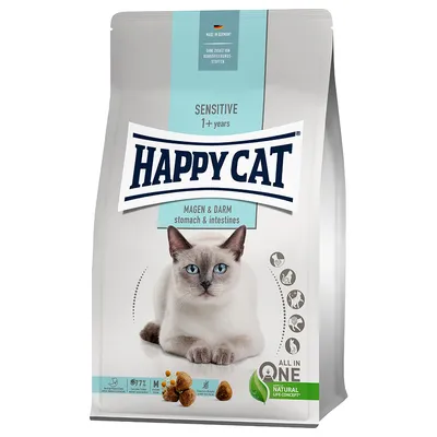 Happy Cat Sensitive 1+ years Magen & Darm stomach & intestines tørfoder til kat, billede af kat og foderpiller, Natural Life Concept, uden konserveringsstoffer, lavet i Tyskland