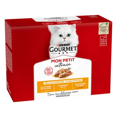 Purina Gourmet Mon Petit Intense, fina bitar med kalv, kyckling och anka i sås. Förpackning med 12x50g portionspåsar.