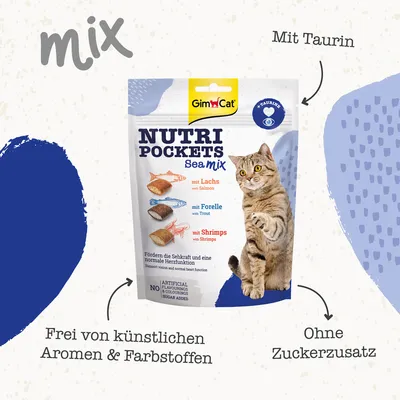 GimCat Nutri Pockets Sea Mix mit Lachs, Forelle und Shrimps. Mit Taurin, frei von künstlichen Aromen & Farbstoffen, ohne Zuckerzusatz. Fördert Sehkraft und normale Herzfunktion.