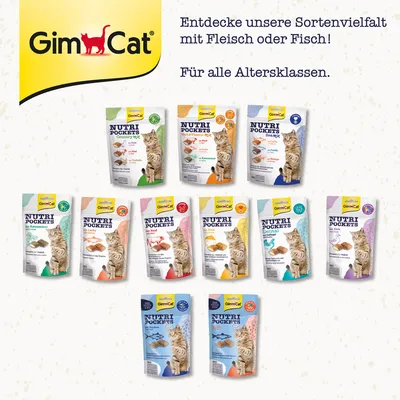 GimCat Nutri Pockets. Entdecke Sortenvielfalt mit Fleisch oder Fisch. Für alle Altersklassen. Verschiedene Geschmacksrichtungen und Verpackungen sichtbar.