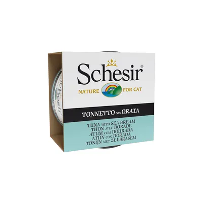 Schesir Nature for Cat, Tonnetto con Orata. Thunfisch mit Dorade in verschiedenen Sprachen auf der Verpackung.