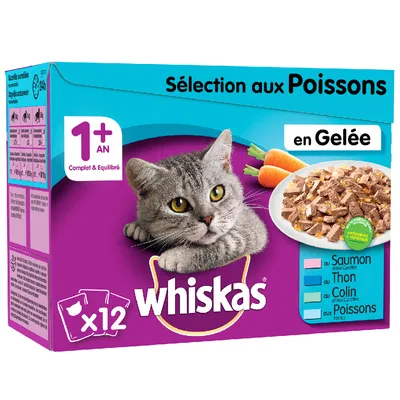 Whiskas Sélection aux Poissons en Gelée, 12× kapsiček pro kočky od 1 roku, příchutě: losos, tuňák, treska, bílé ryby. Viditelný text ve francouzštině.