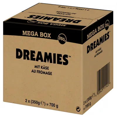 Krabice DREAMIES MEGA BOX 350g, mit Käse au fromage, 2×350g = 700g. Viditelný čárový kód.