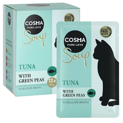 Cosma Pure Love Soup, tonfisk med gröna ärtor i fin buljong. Spannmålsfritt recept. Förpackning med 12 x 40g portionspåsar.