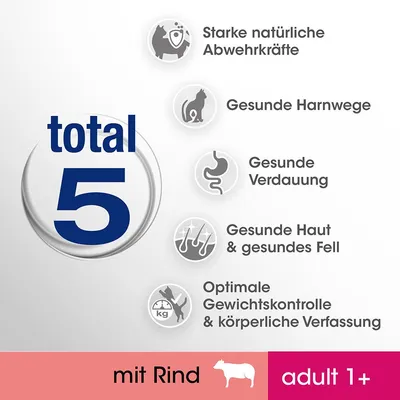 total 5, mit Rind, adult 1+, Starke natürliche Abwehrkräfte, Gesunde Harnwege, Gesunde Verdauung, Gesunde Haut & gesundes Fell, Optimale Gewichtskontrolle & körperliche Verfassung