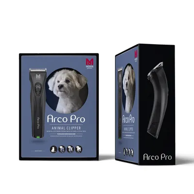 Moser Arco Pro Animal Clipper på emballage med billede af klippemaskine og hund, teksten 'Arco Pro Animal Clipper' samt ikoner for hund, kat, kanin og hest.