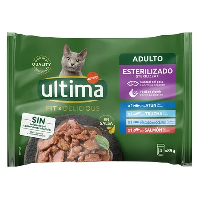 Ultima Fit & Delicious Sterilized aikuisille kissoille, tonnikala, taimen, merikala ja lohi kastikkeessa. Ei väriaineita tai säilöntäaineita. Pakkaus 4 x 85g.