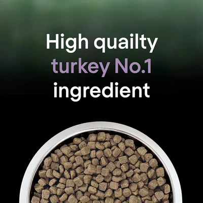 Text states high quality turkey is the number one ingredient, shown above a bowl filled with dry pet food kibble.