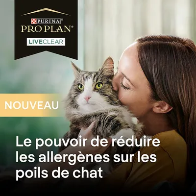 Purina Pro Plan LiveClear. Nouveau. Le pouvoir de réduire les allergènes sur les poils de chat.