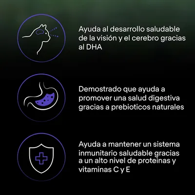 Ayuda al desarrollo saludable de la visión y el cerebro gracias al DHA. Promueve salud digestiva con prebióticos naturales. Mantiene sistema inmunitario con proteínas y vitaminas C y E.