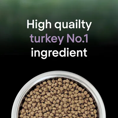 High quality turkey No.1 ingredient, shown above a bowl filled with dry pet food pellets.