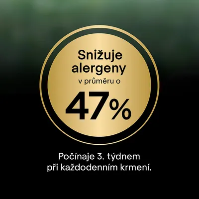 Snižuje alergeny v průměru o 47 %. Počínaje 3. týdnem při každodenním krmení.