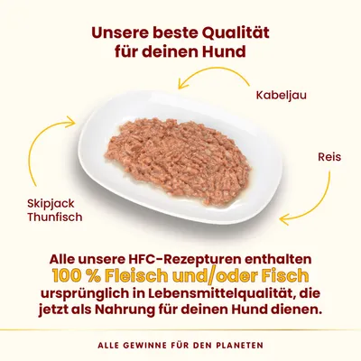 Unsere beste Qualität für deinen Hund. Zutaten: Skipjack Thunfisch, Kabeljau, Reis. HFC-Rezepturen mit 100% Fleisch und/oder Fisch in Lebensmittelqualität als Nahrung für Hunde.