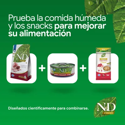N&D Prime pienso, comida húmeda y snacks. Desarrollado para combinarse y ofrecer una mejor nutrición. N&D Prime pienso, comida húmeda y snacks. Desarrollado para combinarse y ofrecer una mejor nutrición.
