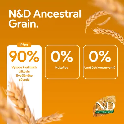 N&D Ancestral Grain. Viac ako 90 % kvalitných živočíšnych bielkovín, 0 % kukurice, 0 % umelých konzervačných látok.