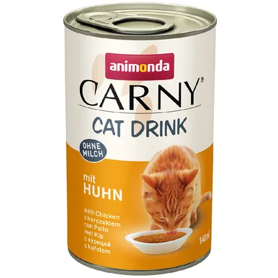 Animonda Carny Cat Drink, bez mléka, s kuřecím, 140 ml. Zobrazeno: kočka pije z misky.